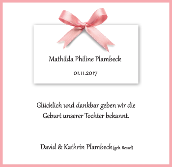 Babyanzeige von Mathilda Philine Plambeck von Nordwest-Zeitung