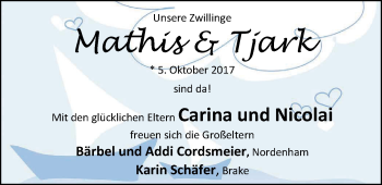 Babyanzeige von Mathis und Tjark  von Nordwest-Zeitung