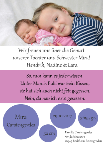 Babyanzeige von Mira Castengerdes von Nordwest-Zeitung