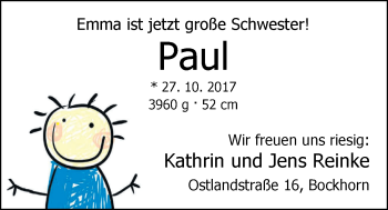 Babyanzeige von Paul Reinke von Nordwest-Zeitung