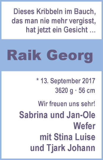 Babyanzeige von Raik Georg Wefer von Nordwest-Zeitung