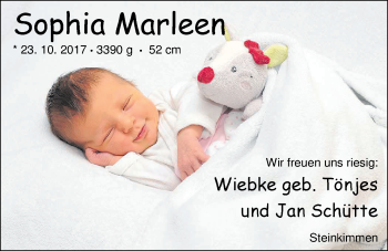 Babyanzeige von Sophia Marleen Schütte von Nordwest-Zeitung