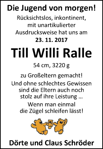 Babyanzeige von Till Willi Ralle von Nordwest-Zeitung
