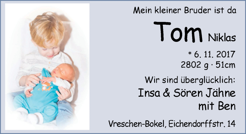 Anzeige für Tom Niklas Jähne vom 25.11.2017 aus Nordwest-Zeitung
