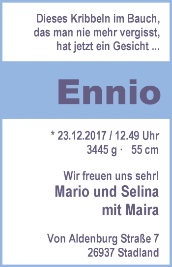 Babyanzeige von Ennio Backhaus von Nordwest-Zeitung