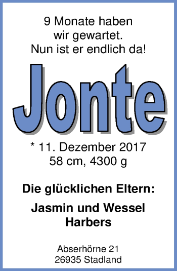 Babyanzeige von Jonte Harbers von Nordwest-Zeitung