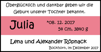 Babyanzeige von Julia Röpnack von Nordwest-Zeitung