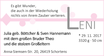 Babyanzeige von Leni Hannemann von Nordwest-Zeitung
