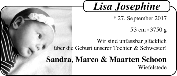 Babyanzeige von Lisa Josephine  von Nordwest-Zeitung