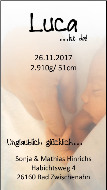 Babyanzeige von Luca  von Nordwest-Zeitung