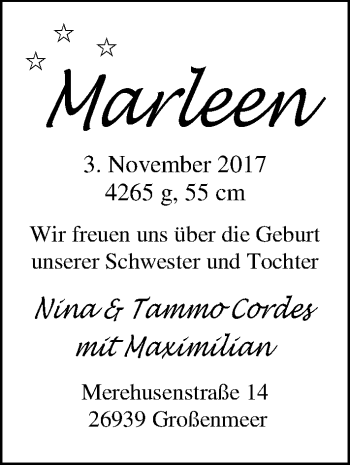 Babyanzeige von Marleen  von Nordwest-Zeitung