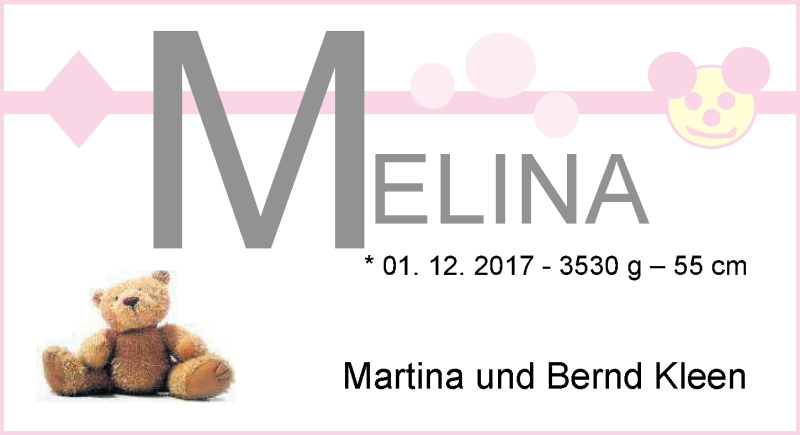 Anzeige für Melina Kleen vom 16.12.2017 aus Nordwest-Zeitung