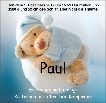 Babyanzeige von Paul Kampmann von Nordwest-Zeitung