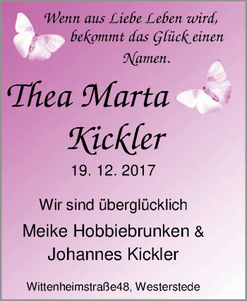 Babyanzeige von Thea Marta Kickler von Nordwest-Zeitung