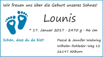 Babyanzeige von Lounis Wedwing von Nordwest-Zeitung