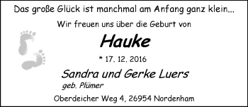Babyanzeige von Hauke Luers von Nordwest-Zeitung