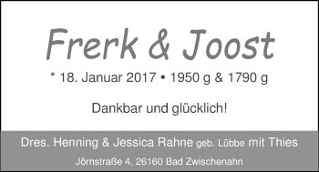 Babyanzeige von Frerk und Joost Rahne von Nordwest-Zeitung