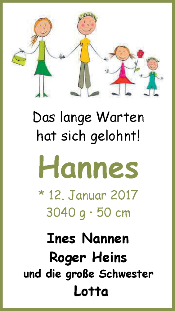 Anzeige für Hannes  vom 25.02.2017 aus Nordwest-Zeitung