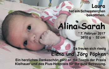 Babyanzeige von Alina Sarah Pöpken von Nordwest-Zeitung