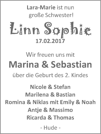 Babyanzeige von Linn Sophie  von Nordwest-Zeitung