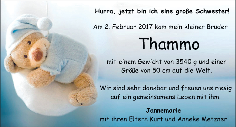 Anzeige für Thammo  vom 28.02.2017 aus Nordwest-Zeitung