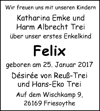 Babyanzeige von Felix  von Nordwest-Zeitung