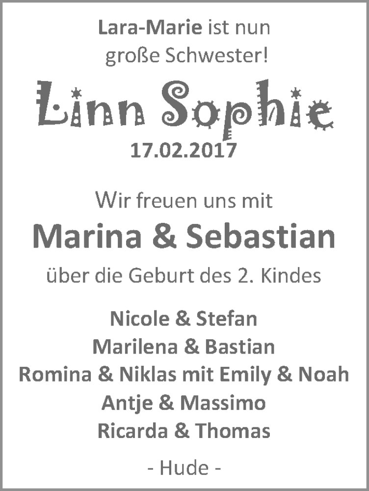 Anzeige für Linn Sophie  vom 25.02.2017 aus Nordwest-Zeitung