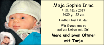 Babyanzeige von Meja Sophie Irma  von Nordwest-Zeitung