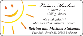 Babyanzeige von Luisa Marlies von Nordwest-Zeitung