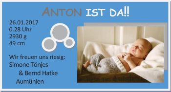 Babyanzeige von Anton  von Nordwest-Zeitung