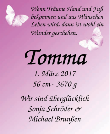 Babyanzeige von Tomma  von Nordwest-Zeitung