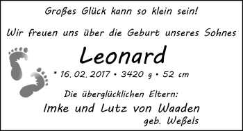 Babyanzeige von Leonard von Waaden von Nordwest-Zeitung