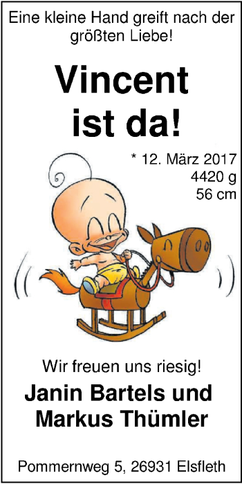 Babyanzeige von Vincent  von Nordwest-Zeitung
