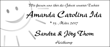 Babyanzeige von Amanda Carolina Ida Thom von Nordwest-Zeitung