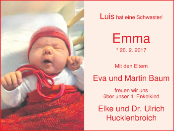 Babyanzeige von Emma Baum von Nordwest-Zeitung
