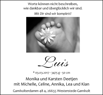 Babyanzeige von Luis Deetjen von Nordwest-Zeitung