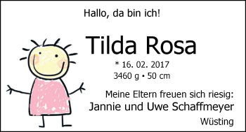Babyanzeige von Tilda Rosa Schaffmeyer von Nordwest-Zeitung