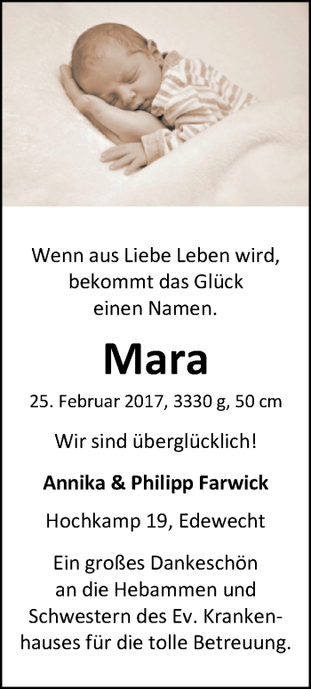 Babyanzeige von Mara  von Nordwest-Zeitung