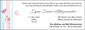 Babyanzeige von Lynn Laura Pfützenreuter von Nordwest-Zeitung