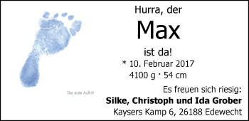 Babyanzeige von Max Grober von Nordwest-Zeitung