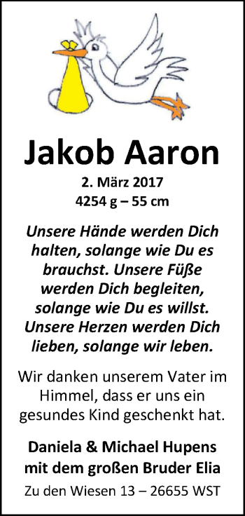 Babyanzeige von Jakob Aaron  von Nordwest-Zeitung