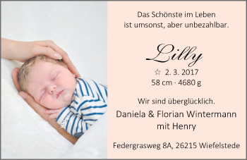Babyanzeige von Lilly Wintermann von Nordwest-Zeitung