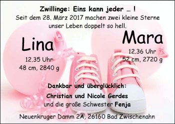 Babyanzeige von Lina und Mara Gerdes von Nordwest-Zeitung