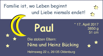 Babyanzeige von Paul Bücking von Nordwest-Zeitung