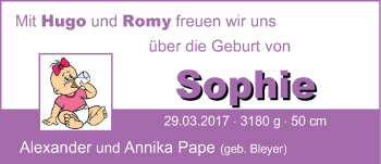 Babyanzeige von Sophie  von Nordwest-Zeitung