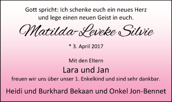 Babyanzeige von Matilda--Leveke Slvie  von Nordwest-Zeitung