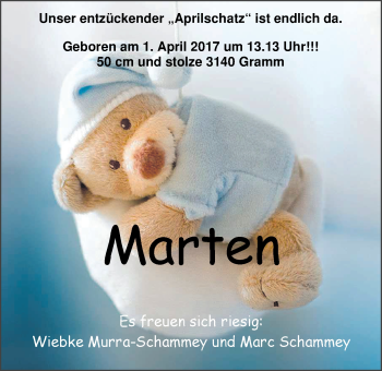Babyanzeige von Marten Schammey von Nordwest-Zeitung