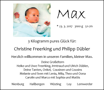 Babyanzeige von Max  von Nordwest-Zeitung