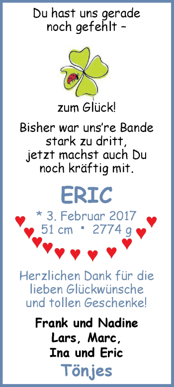 Babyanzeige von Eric Tönjes von Nordwest-Zeitung