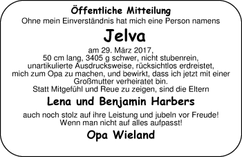 Babyanzeige von Jelva  von Nordwest-Zeitung